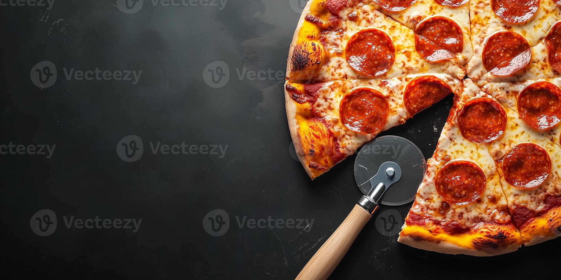 Pepperoni pizza being sliced with a round pizza cutter on a flat surface, culinary photography photo