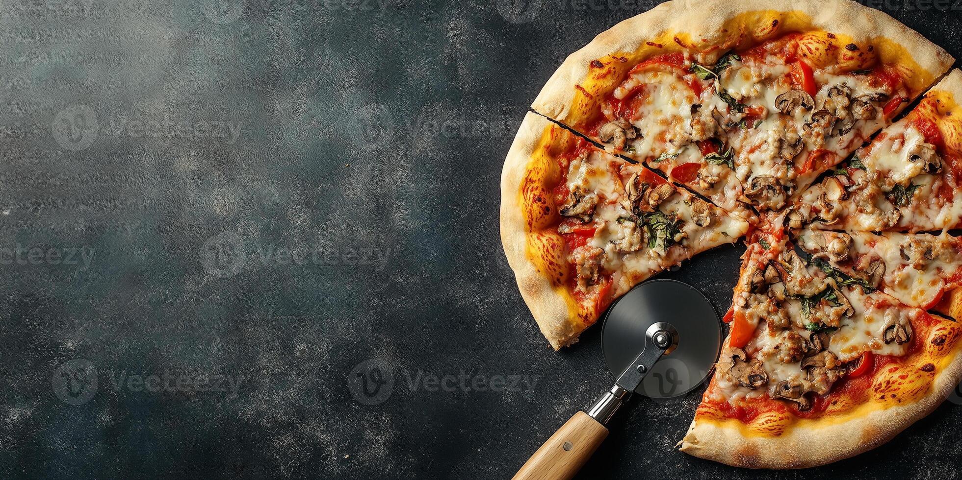 Pizza being sliced with a round pizza cutter on a flat surface, culinary photography photo