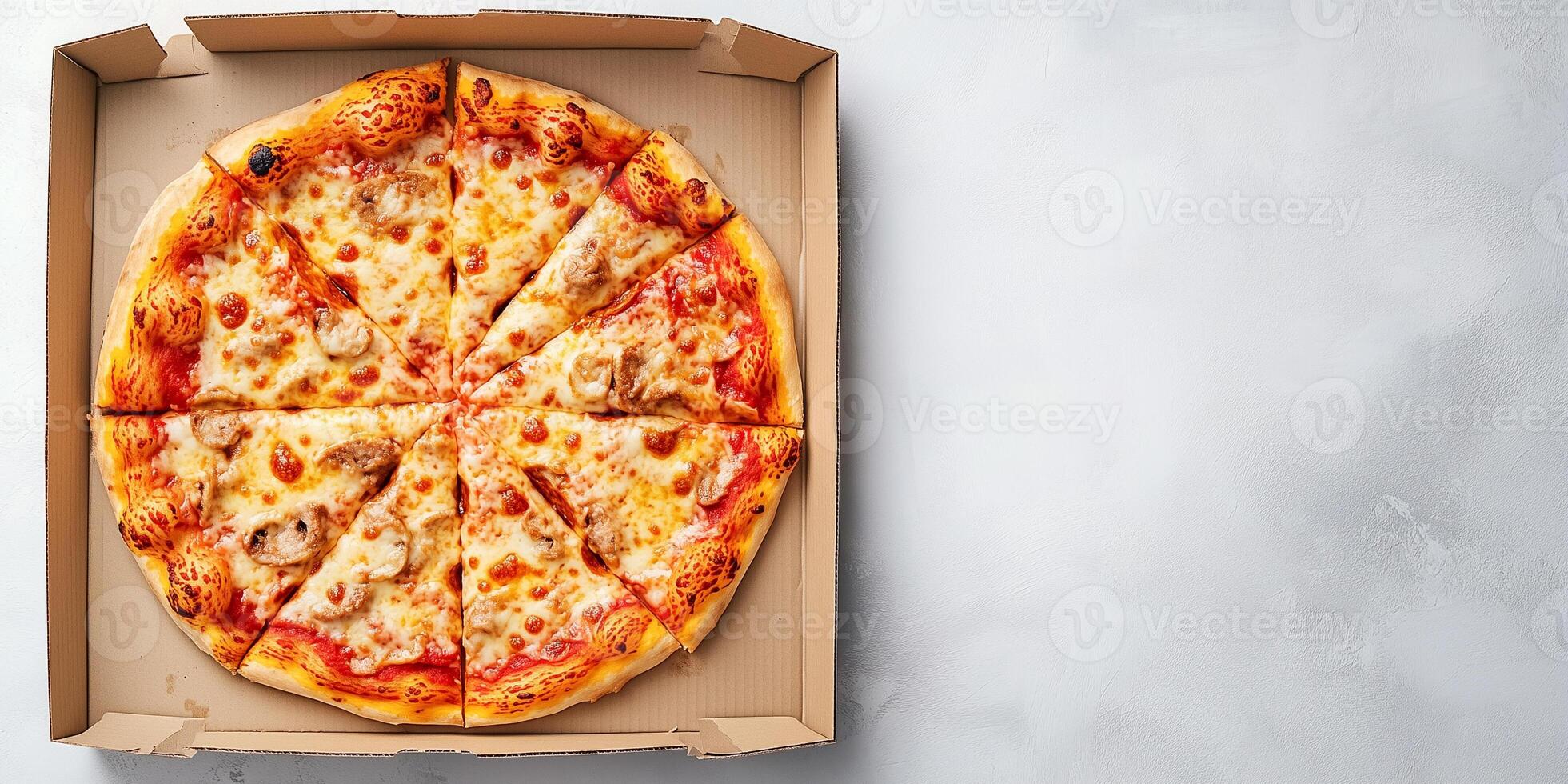 Pizza box with a whole pizza, slices evenly arranged, food photography photo