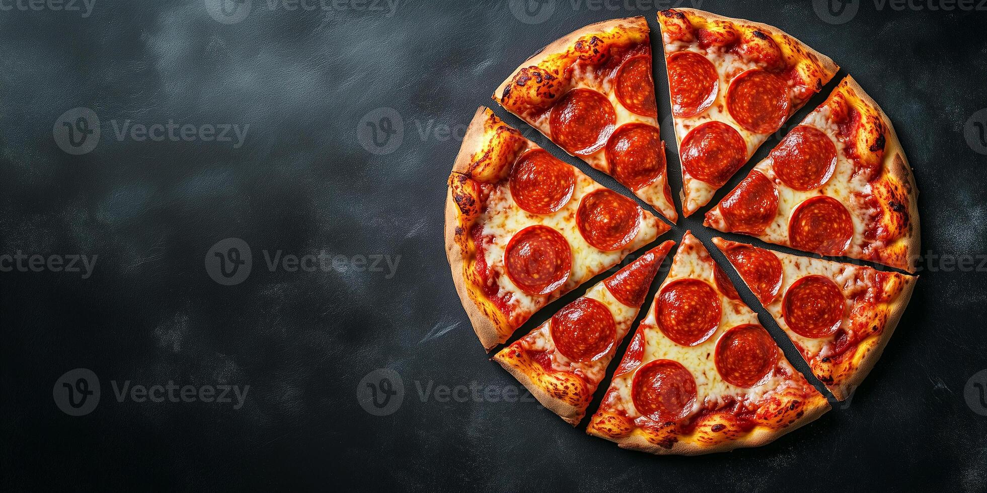 Whole pepperoni pizza sliced into eight portions on a flat surface, food photography photo