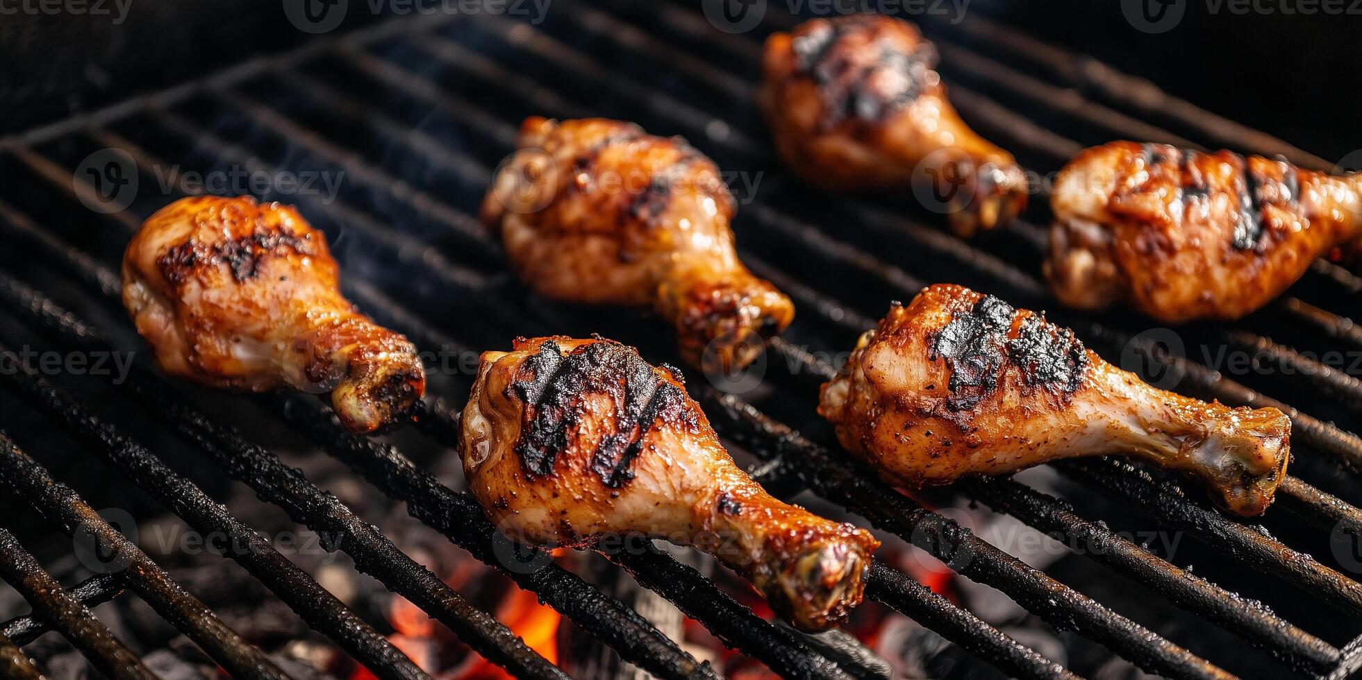 Chicken drumsticks cooking on a grill with grill marks and coals beneath, culinary photography photo