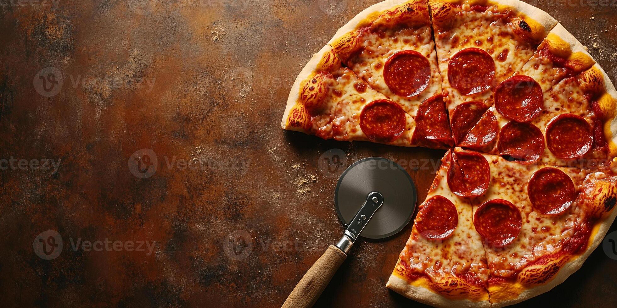 Pepperoni pizza being sliced with a round pizza cutter on a flat surface, gastronomy photography photo