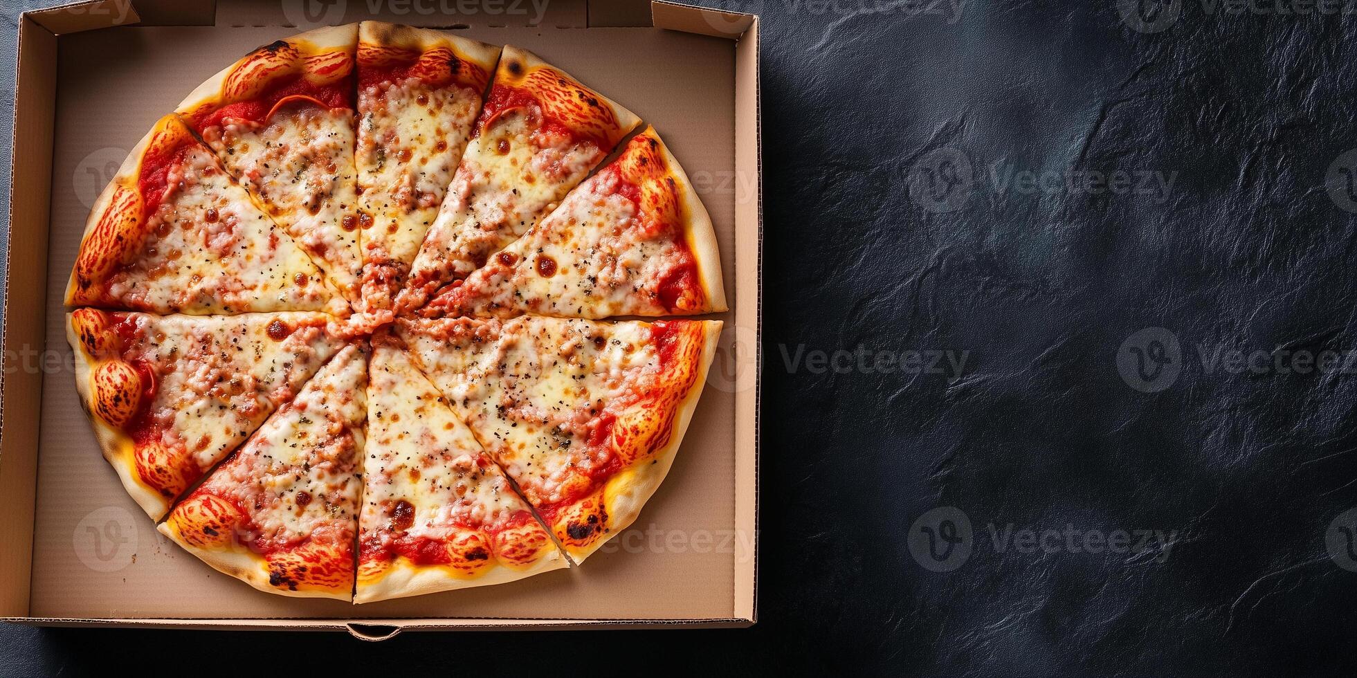 Pizza box with a whole pizza, slices evenly arranged, gastronomy photography photo