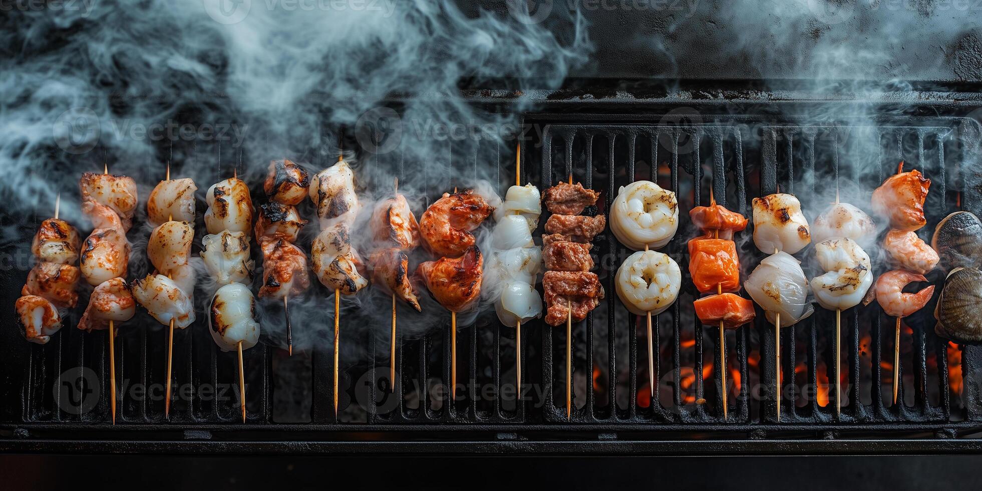 Assorted seafood skewers on a barbecue with smoke rising, gastronomy photography photo