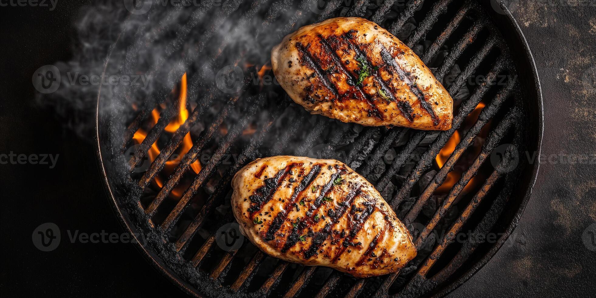 Chicken breast on a barbecue grill with grill marks and smoke, photorealistic food photo