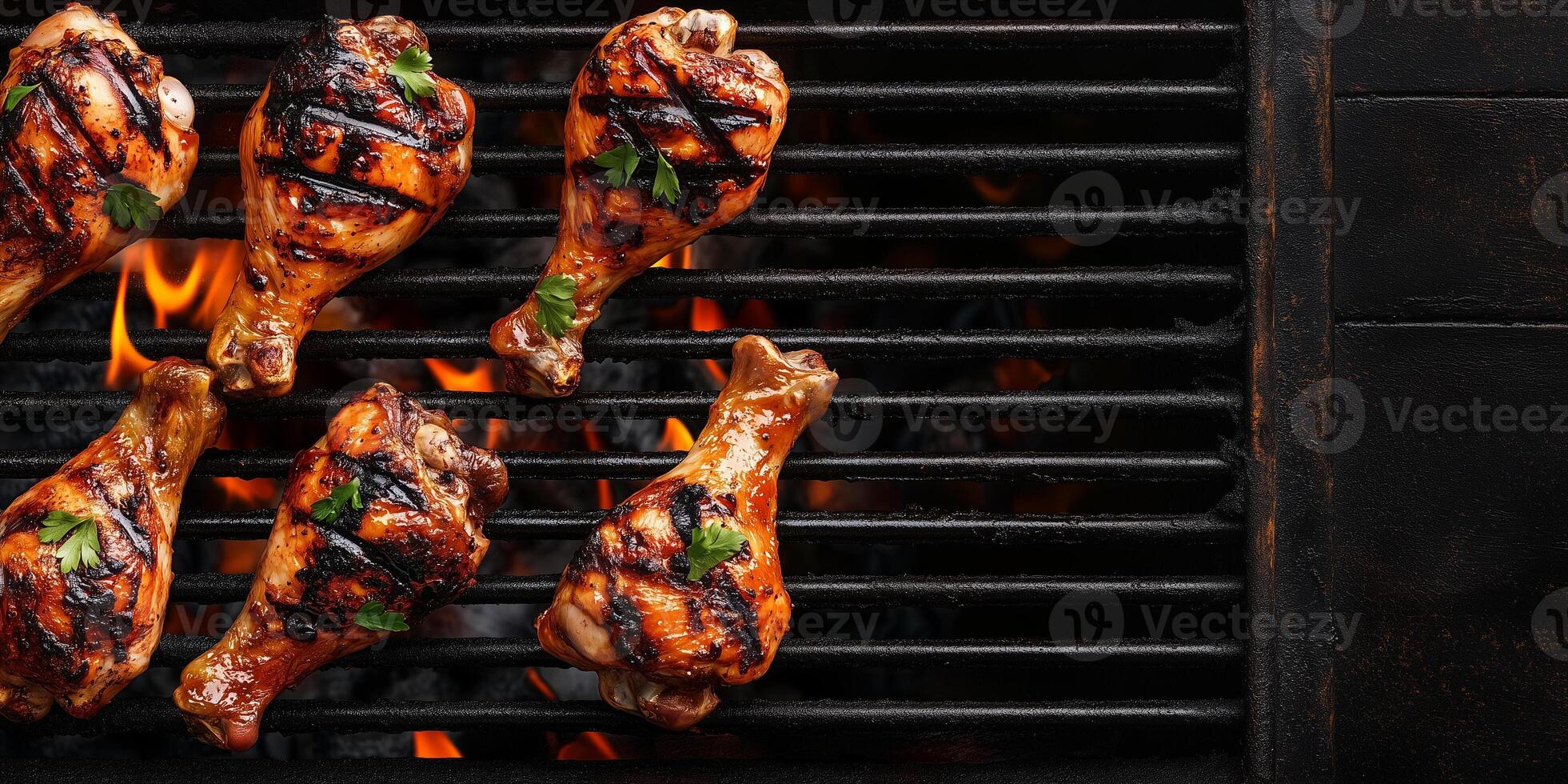 Chicken legs on a hot grill with flames visible underneath, photorealistic food photo