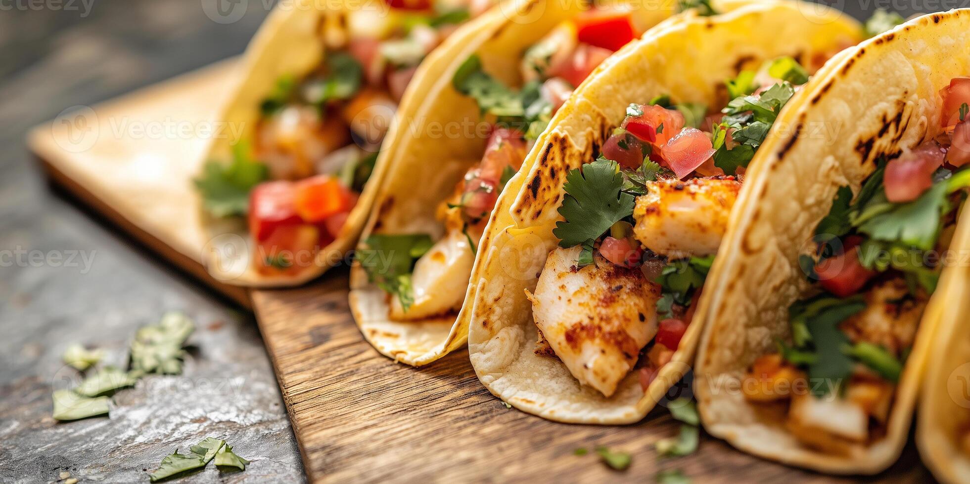 Close-up of fish tacos with visible fillings and tortillas slightly open, photorealistic food photo