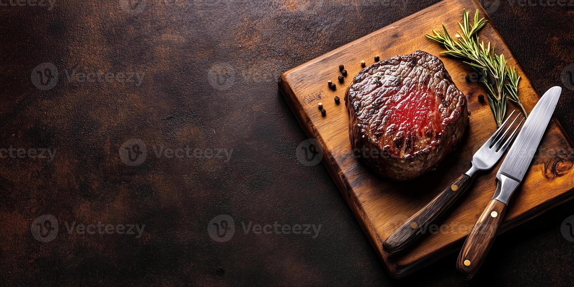 Filet mignon resting on a wooden board with a fork and knife beside it, gastronomy photography photo