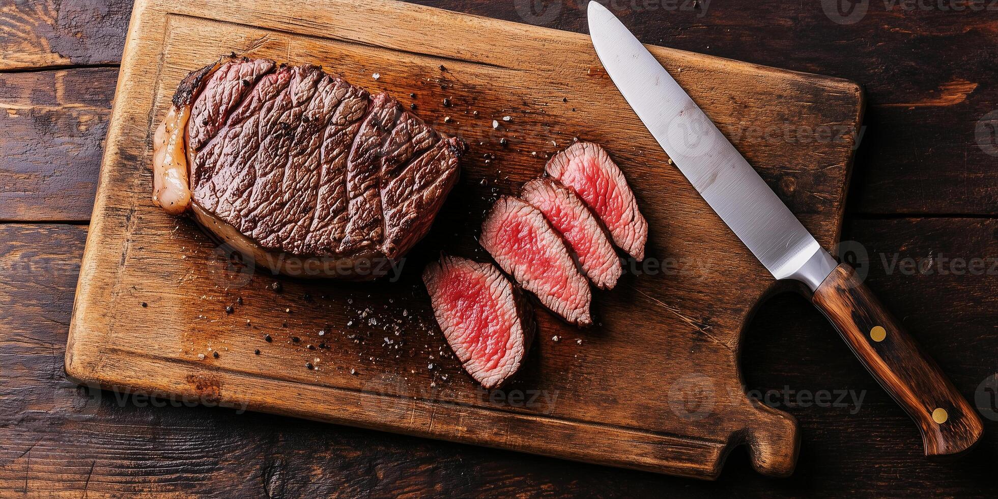 Filet mignon steak sliced on a cutting board with a sharp knife nearby, photorealistic food photo