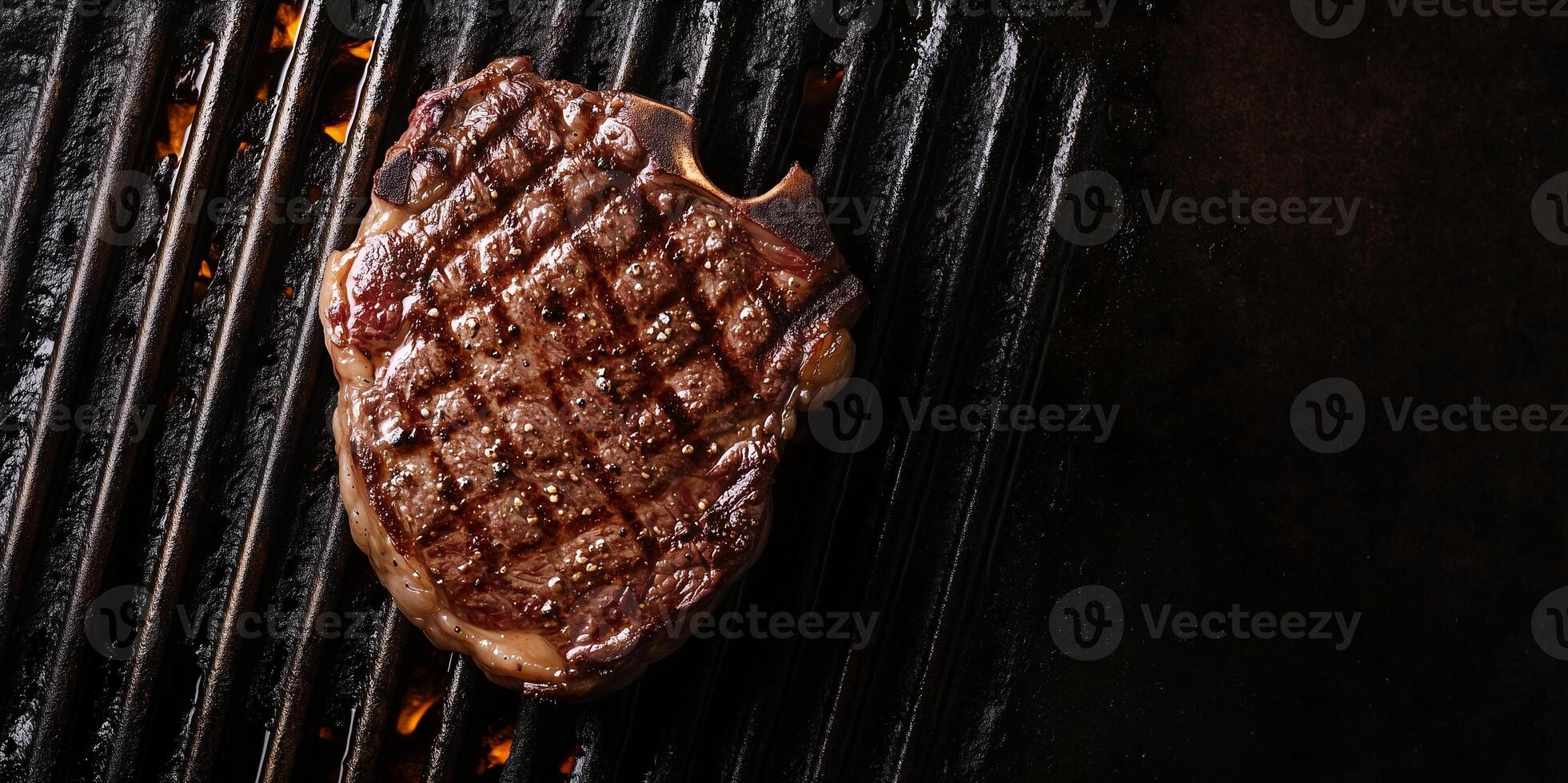 Ribeye steak cooking on a hot grill with prominent grill marks, photorealistic food photo
