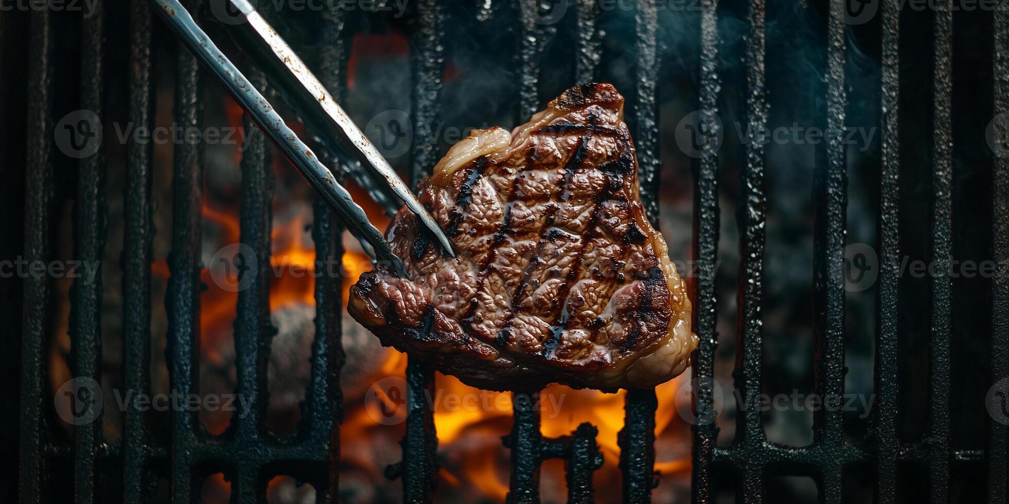 Ribeye steak being flipped on a grill with tongs visible, gastronomy photography photo