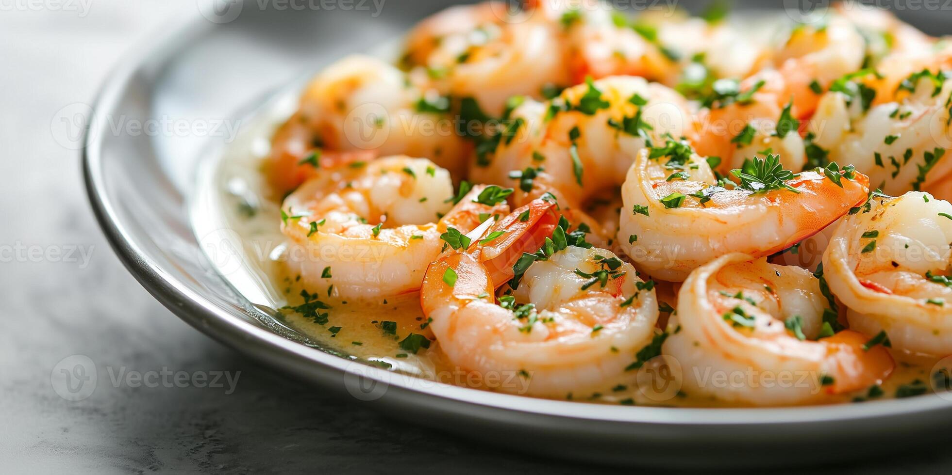Shrimp scampi on a platter with garlic sauce and parsley on top, photorealistic food photo