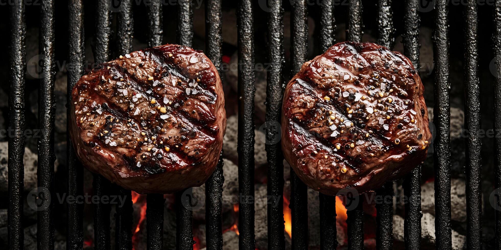 Two filet mignon steaks side by side on a grill with coals underneath, gastronomy photography photo
