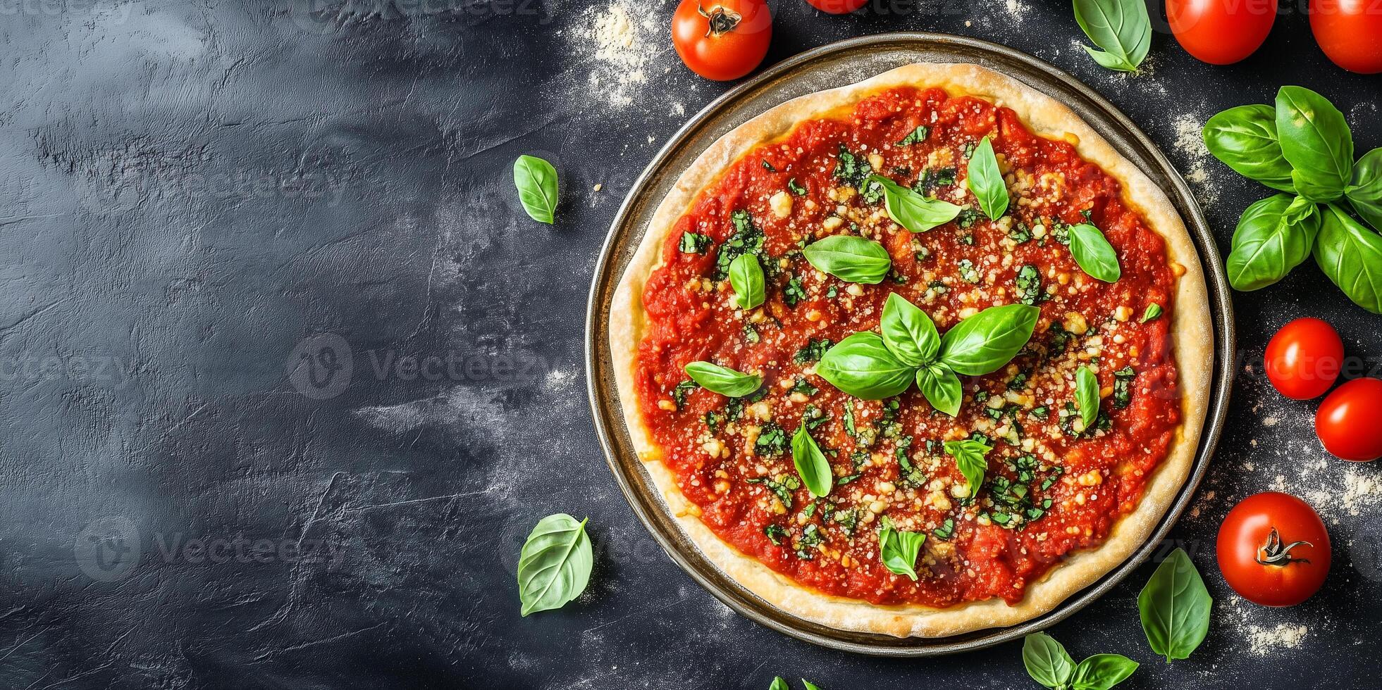 Gluten-free pizza crust on a round tray topped with tomato sauce and ingredients, food setting photo