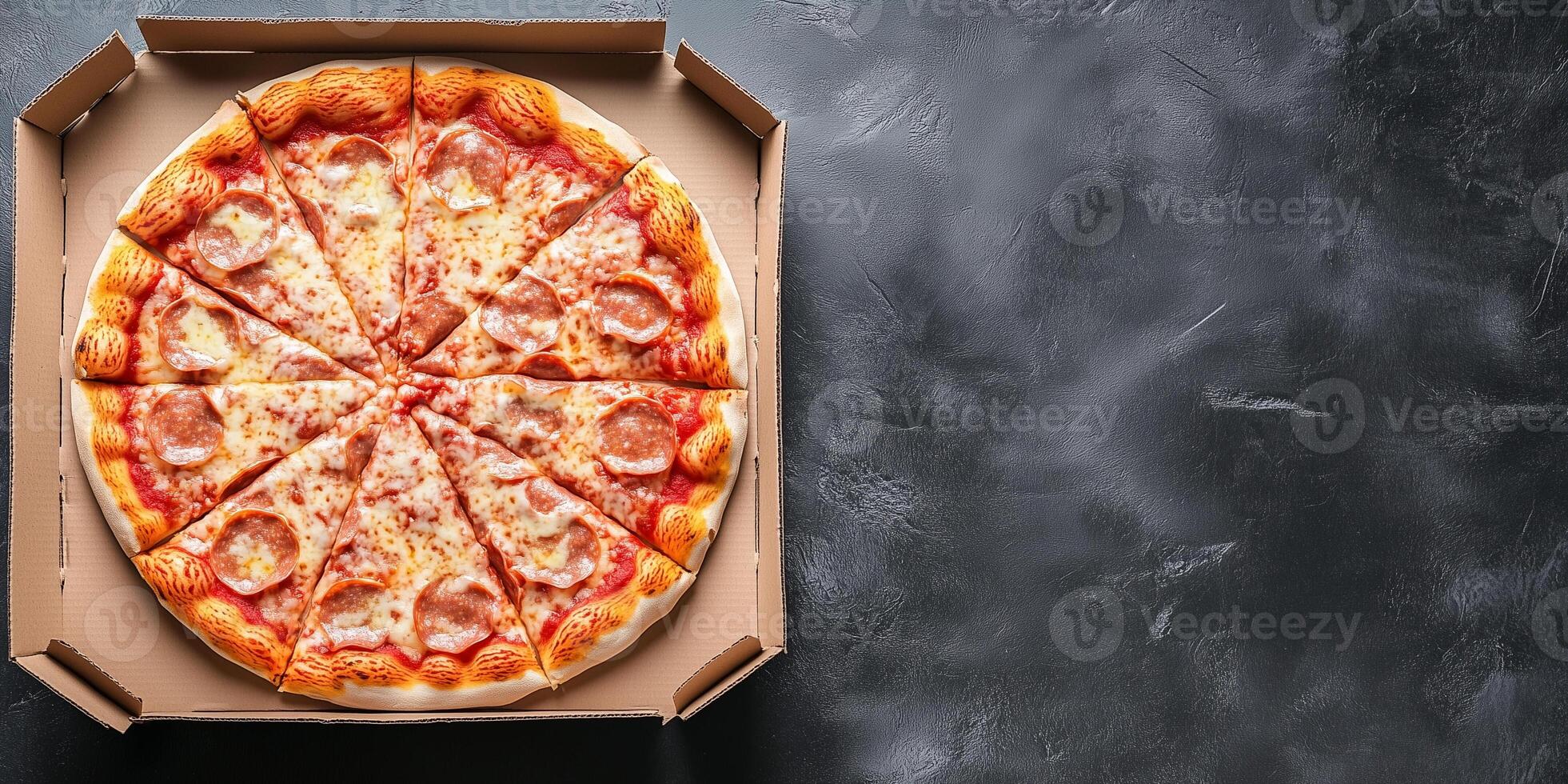 Pizza box with a whole pizza, slices evenly arranged, meal photography photo