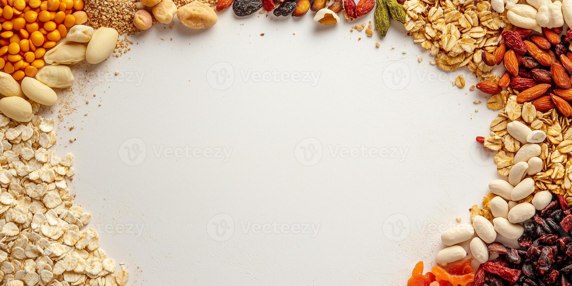 Assortment of trail mix ingredients in a circular pattern, food setting photo