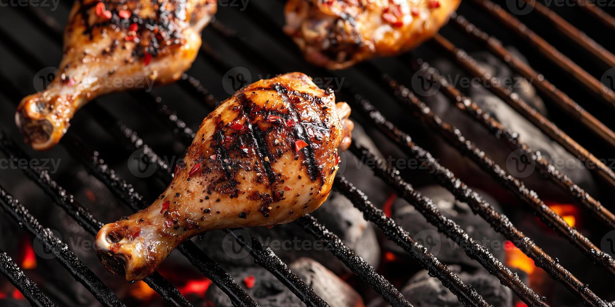 Chicken drumsticks cooking on a grill with grill marks and coals beneath, food setting photo