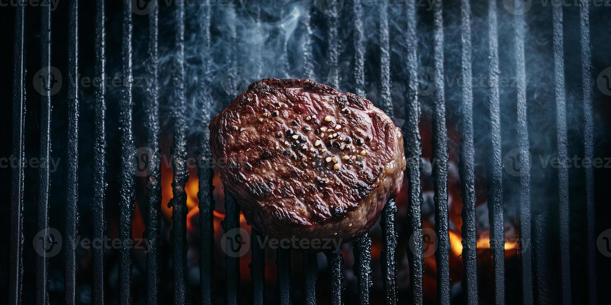 Filet mignon resting on a grill with coals glowing underneath, meal photography photo