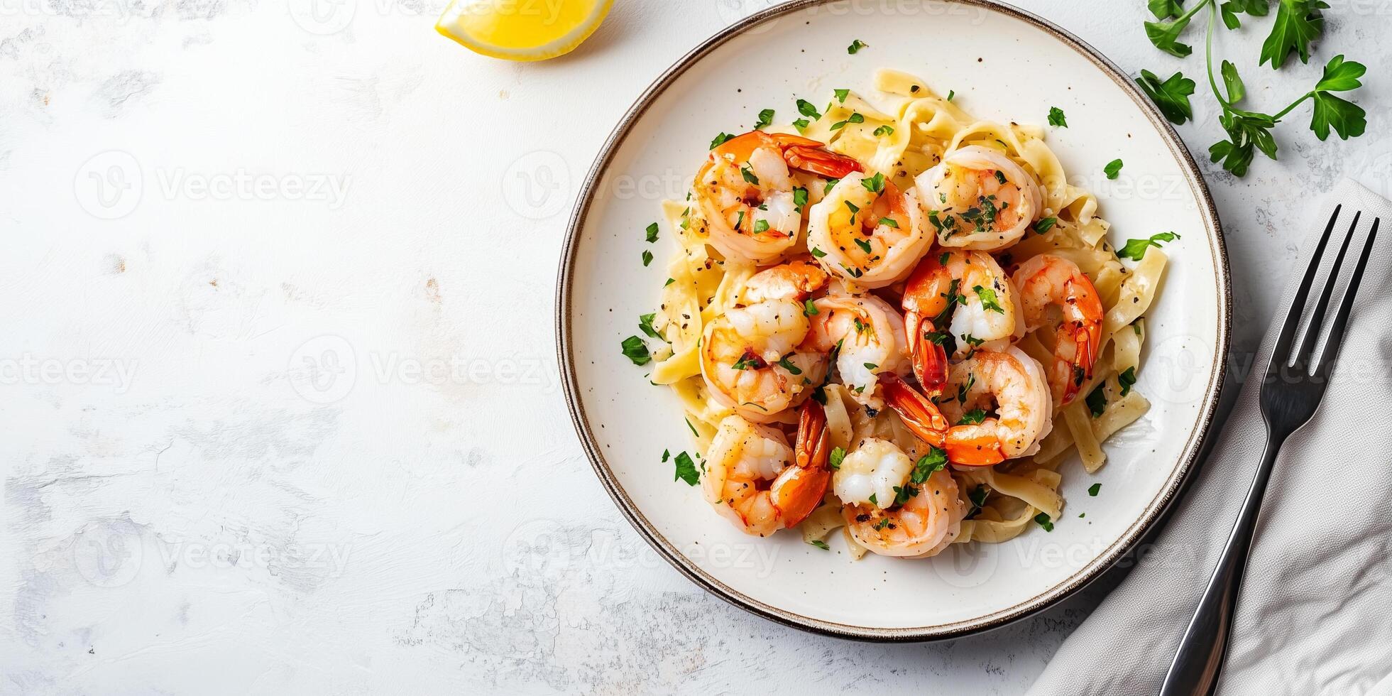 Shrimp scampi plated with a fork beside it, food setting photo