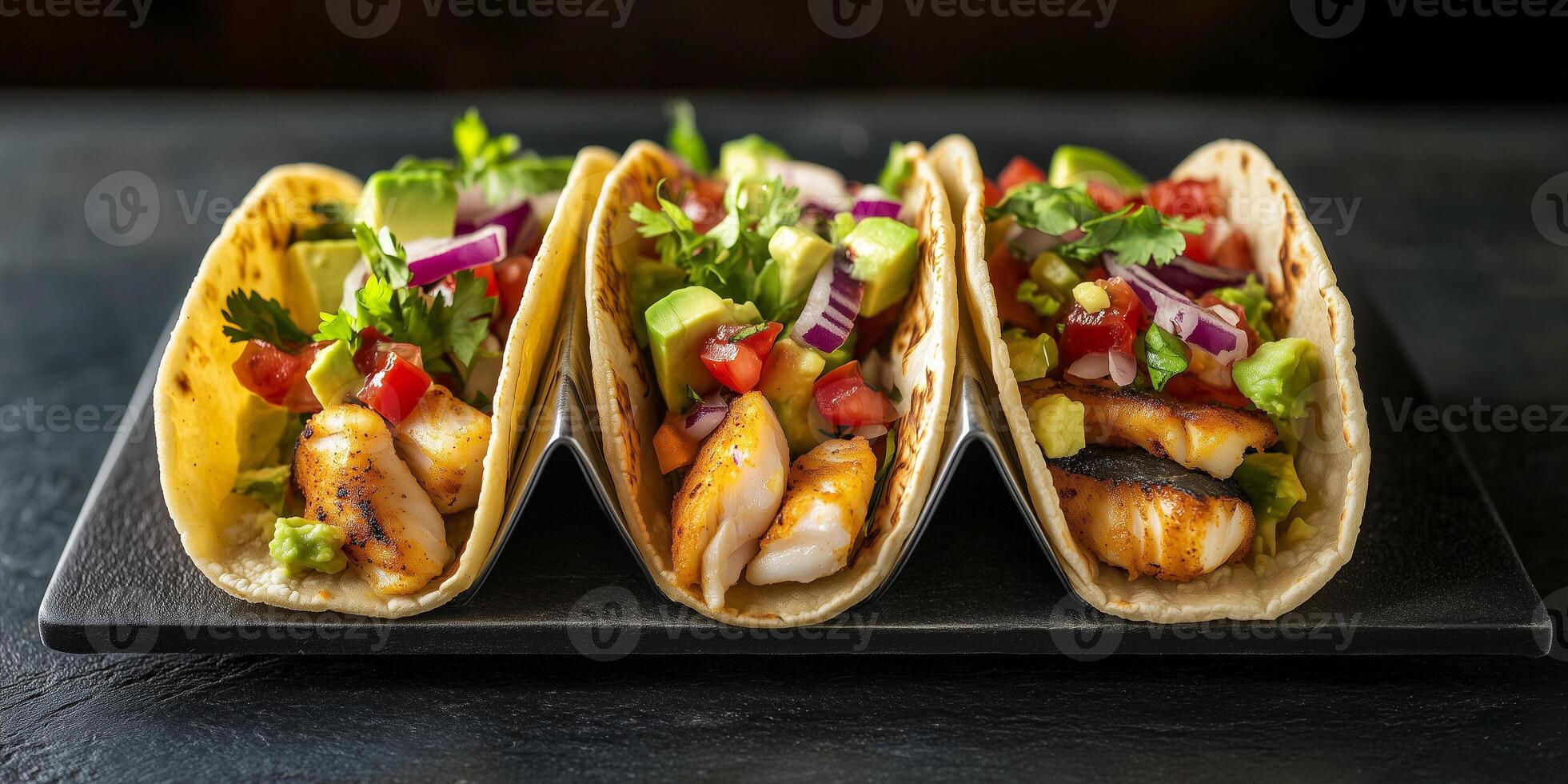 Three fish tacos in a row on a platter with visible garnishes, food setting photo