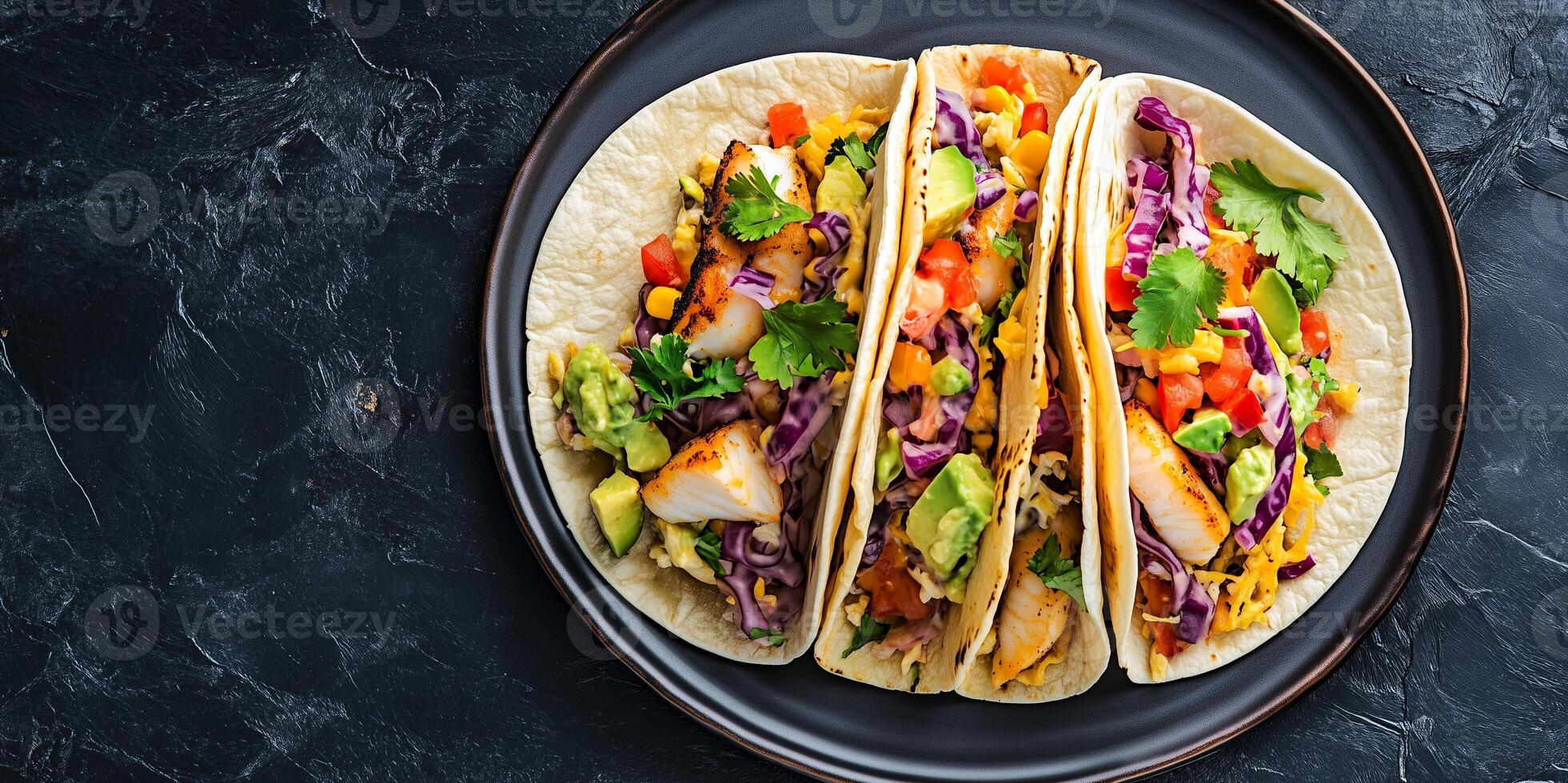 Three fish tacos arranged on a plate with visible fillings, meal photography photo