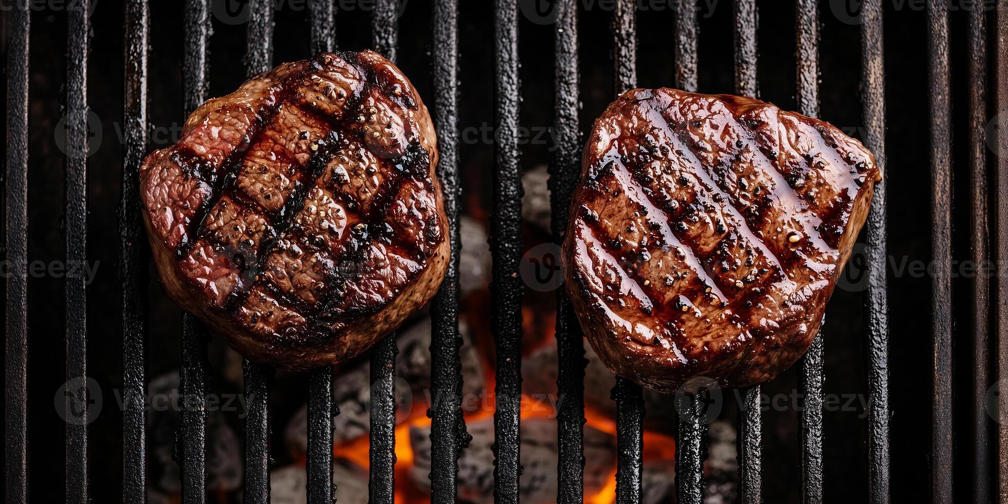 Two filet mignon steaks side by side on a grill with coals underneath, meal photography photo