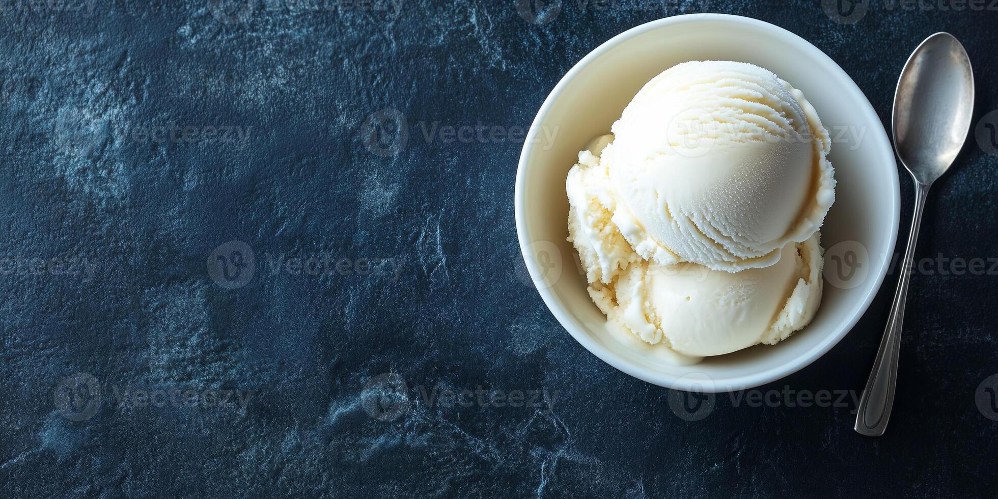 Bowl with a single scoop of ice cream, served with a small spoon resting nearby, food photography photo