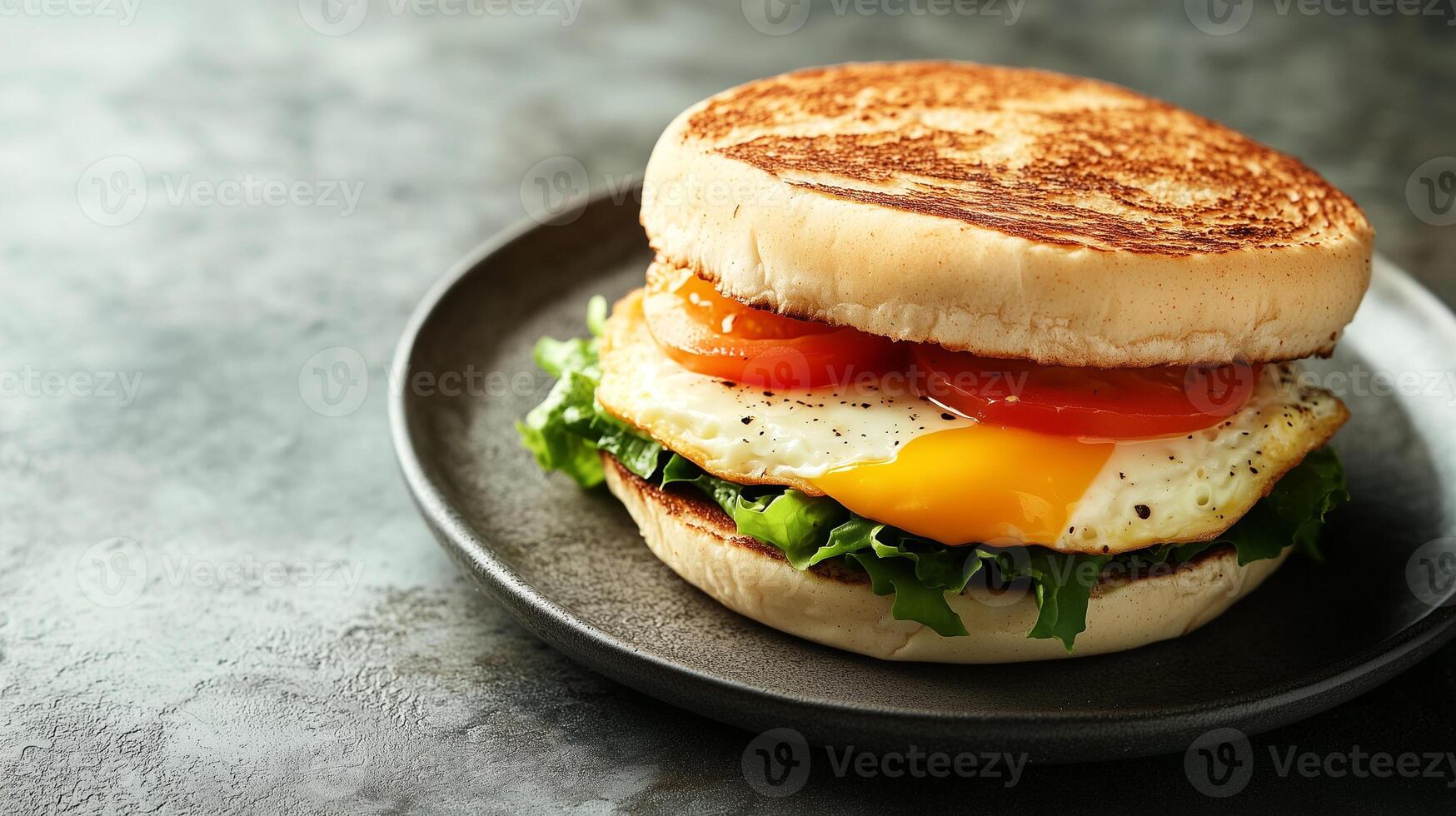 Breakfast sandwich with egg and cheese on a round plate, food photography photo
