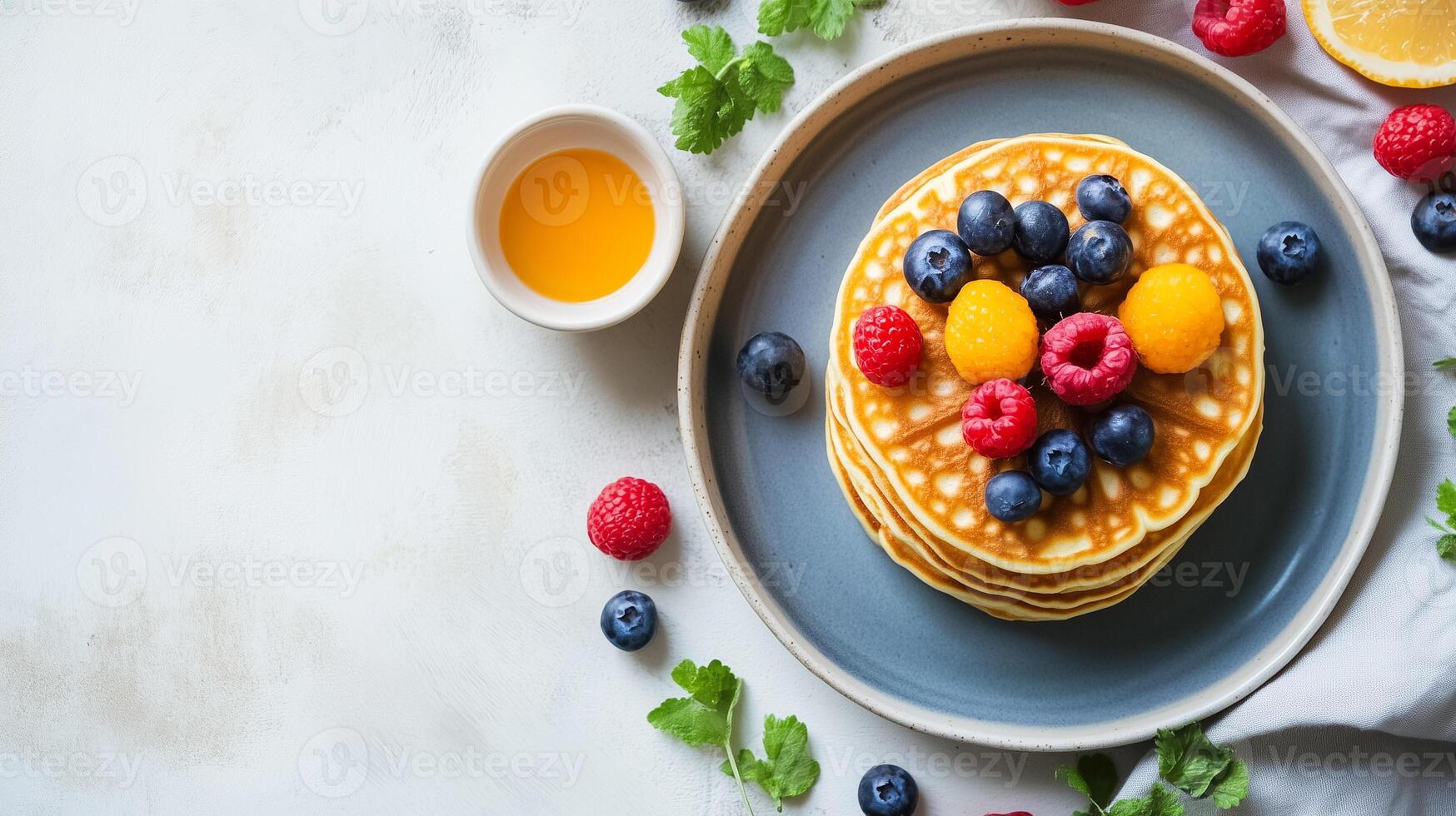 Breakfast spread with pancake stack and waffle stack on separate plates, food photography photo