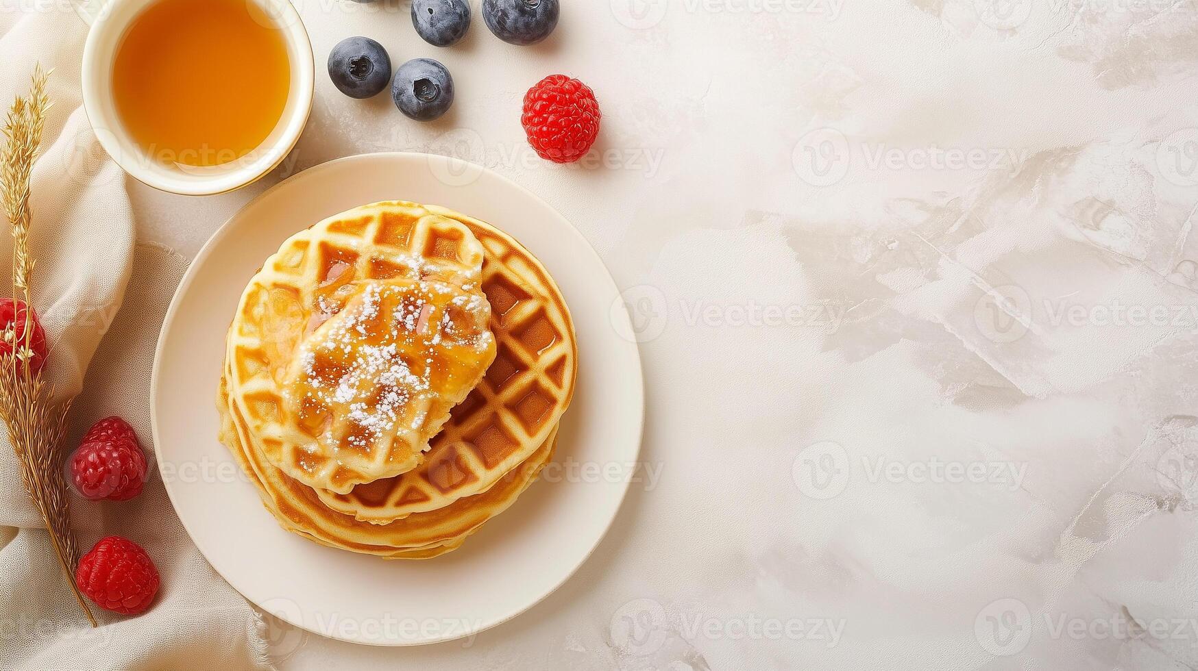 Breakfast spread with pancake stack and waffle stack on separate plates, culinary photography photo