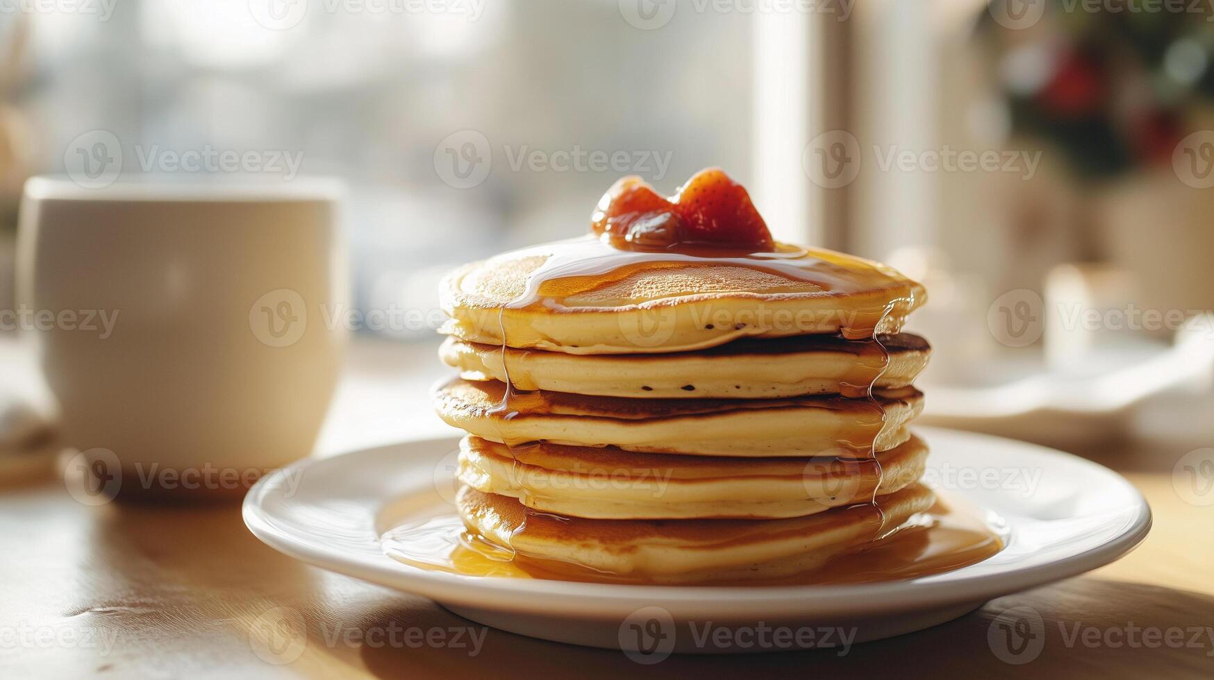 Breakfast table with a stack of buttermilk pancakes on a white plate, food photography photo