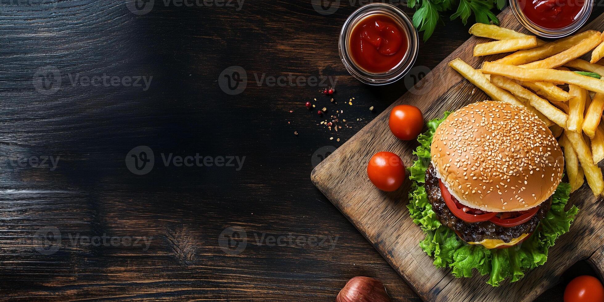 Burger and fries on a wooden cutting board, culinary photography photo