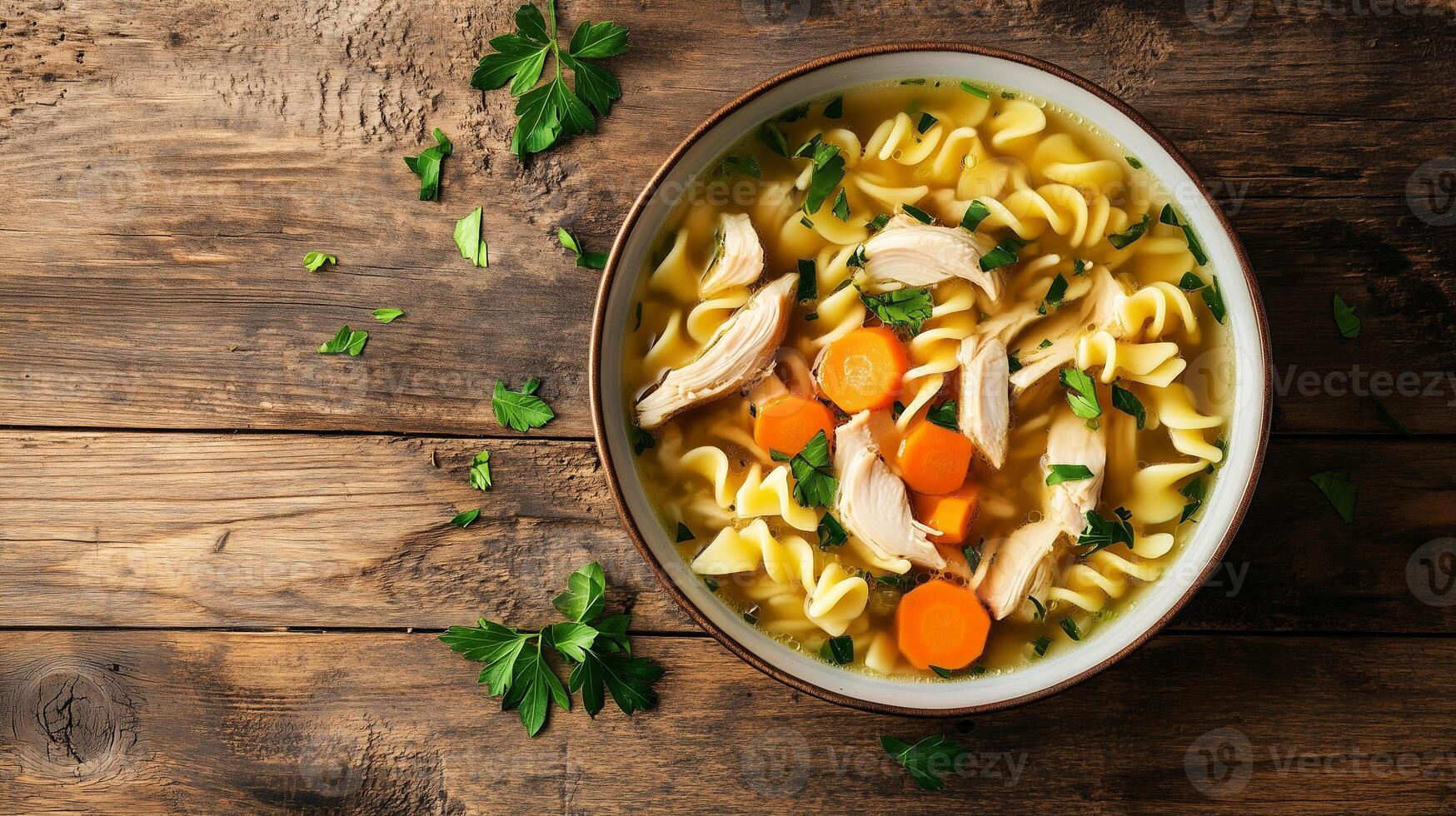 Chicken noodle soup bowl with broth, chicken, noodles, and vegetables, food photography photo