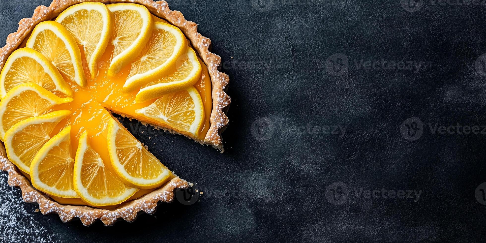 Circular tart filled with bright lemon mixture, cut into wedges and displayed, culinary photography photo