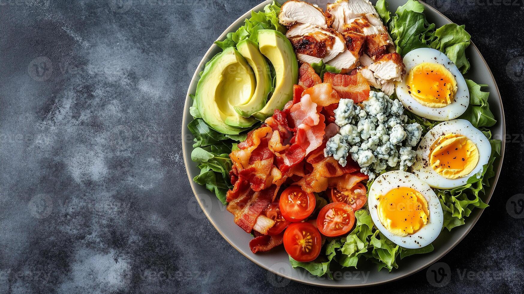 Cobb salad on a plate with rows of chicken, bacon, avocado, eggs, tomatoes, and blue cheese, culinary photography photo