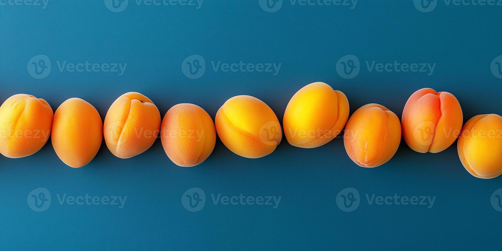 Handful of apricots in a slightly curved line on a flat surface, culinary photography photo