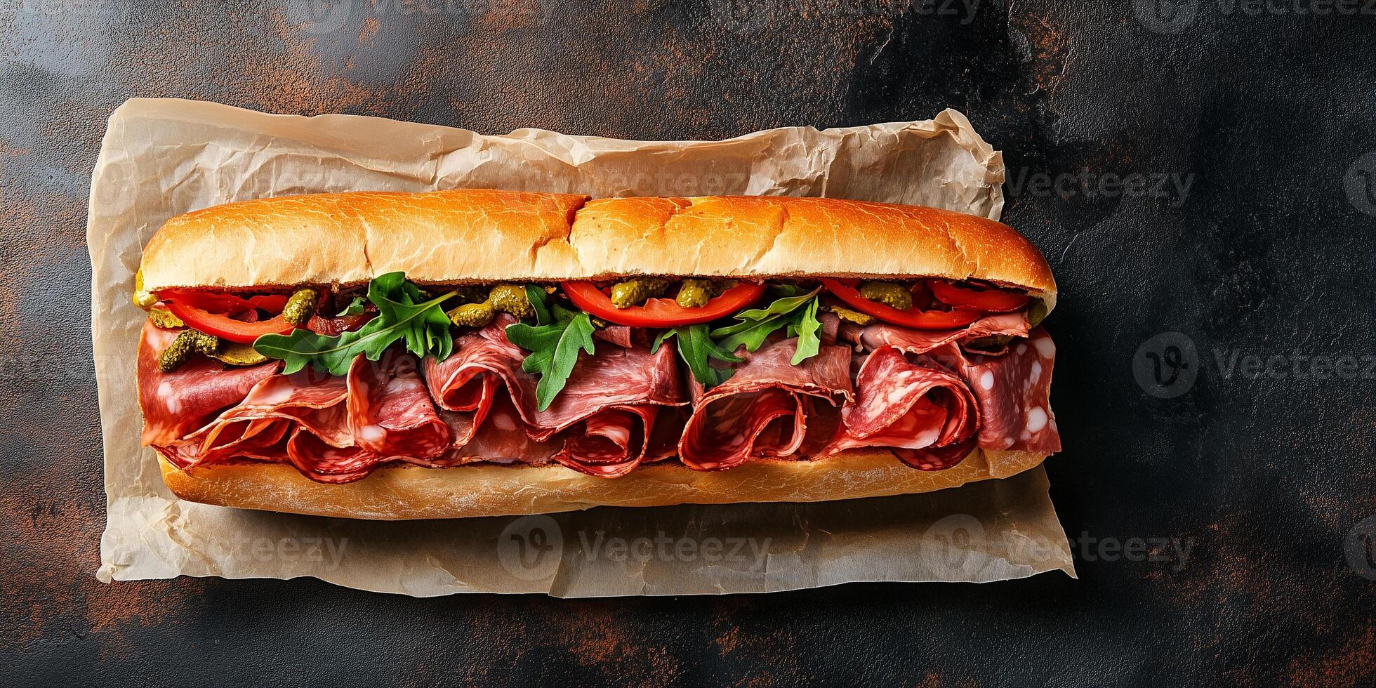 Large Italian sub on flat surface, filled with various meats and cheese, culinary photography photo