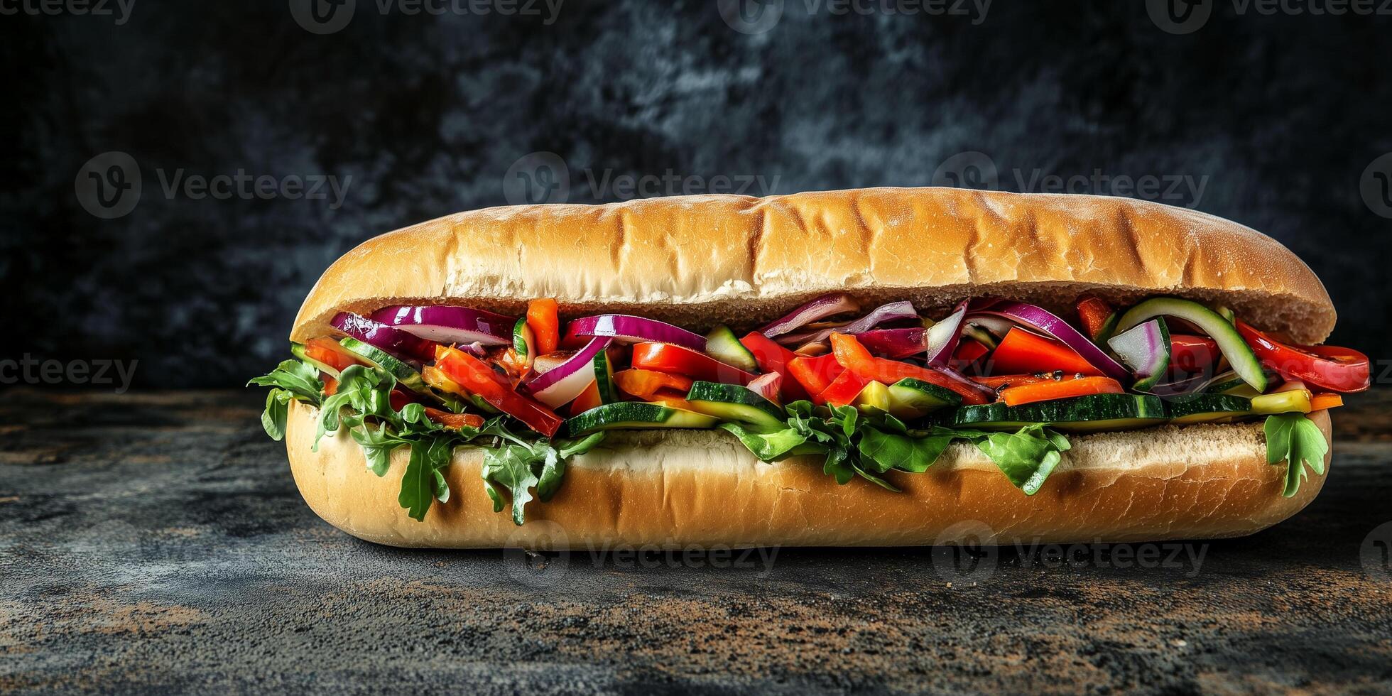 Large veggie sub on a surface filled with fresh vegetables, food photography photo