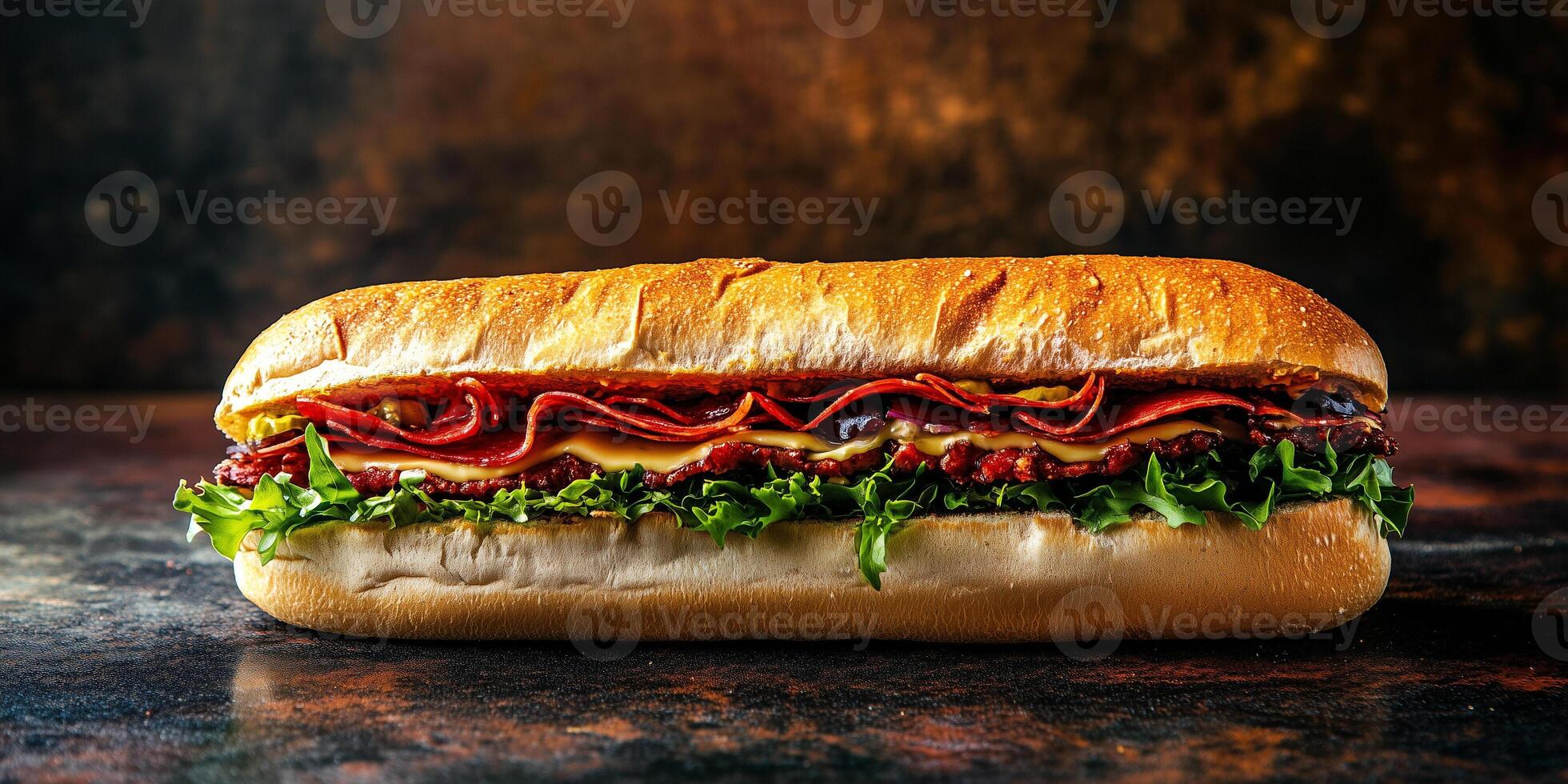 Large sub sandwich resting on a surface, filled with various ingredients, culinary photography photo