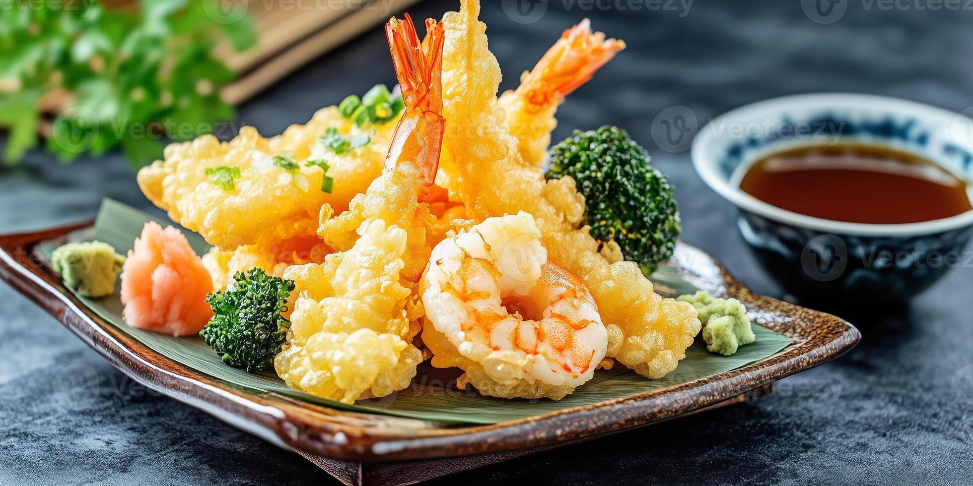 Plate of tempura with vegetables and shrimp, served with a dipping sauce dish, food photography photo