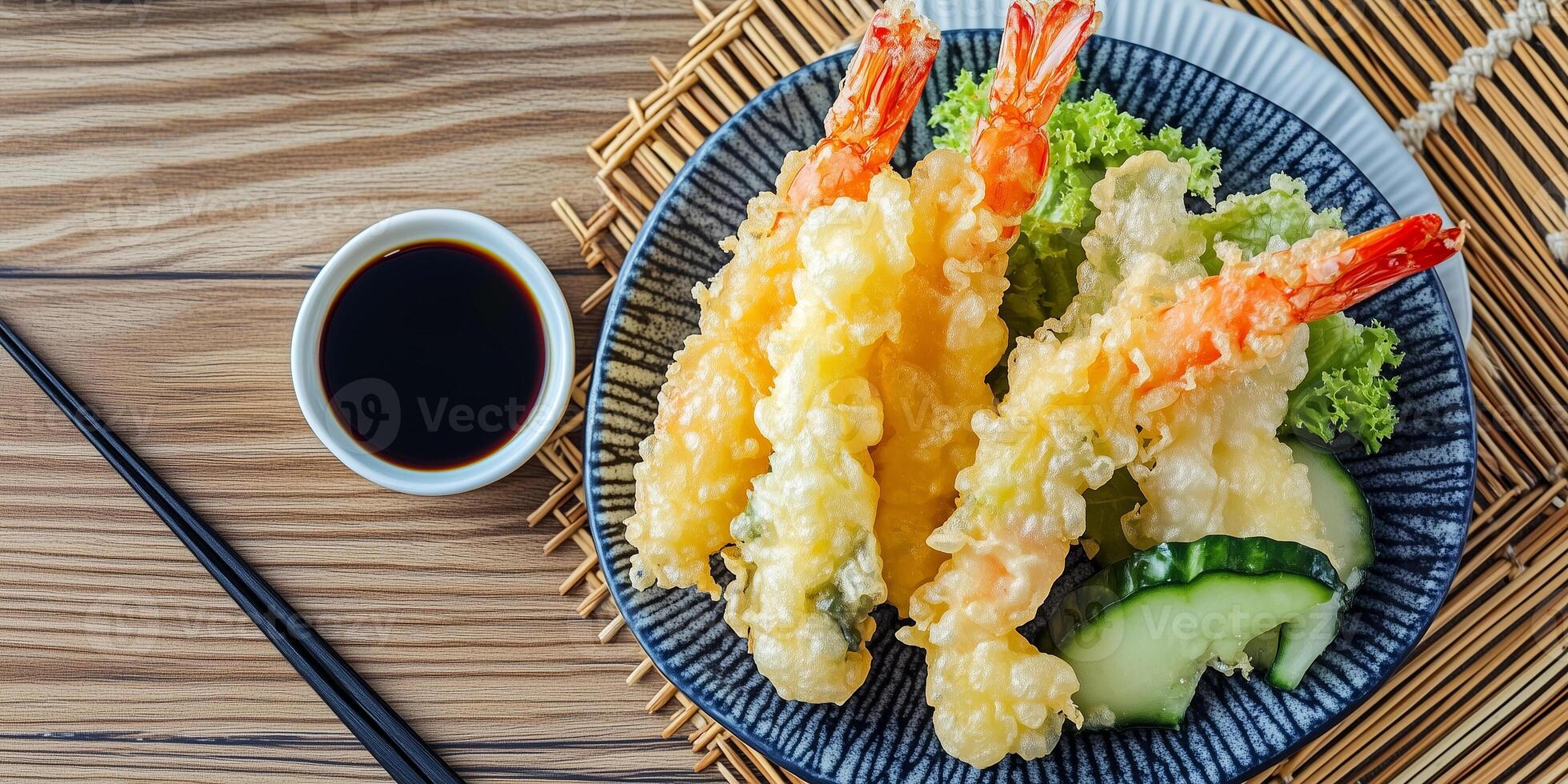 Plate of tempura vegetables and shrimp with dipping sauce, culinary photography photo