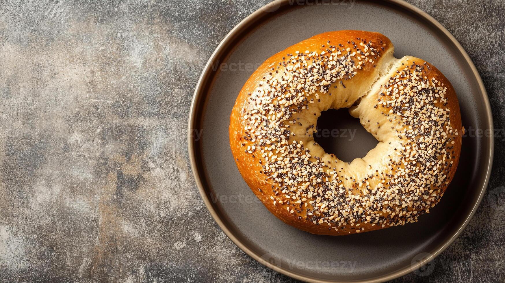Round plate with a bagel cut in half, each side evenly spread, culinary photography photo