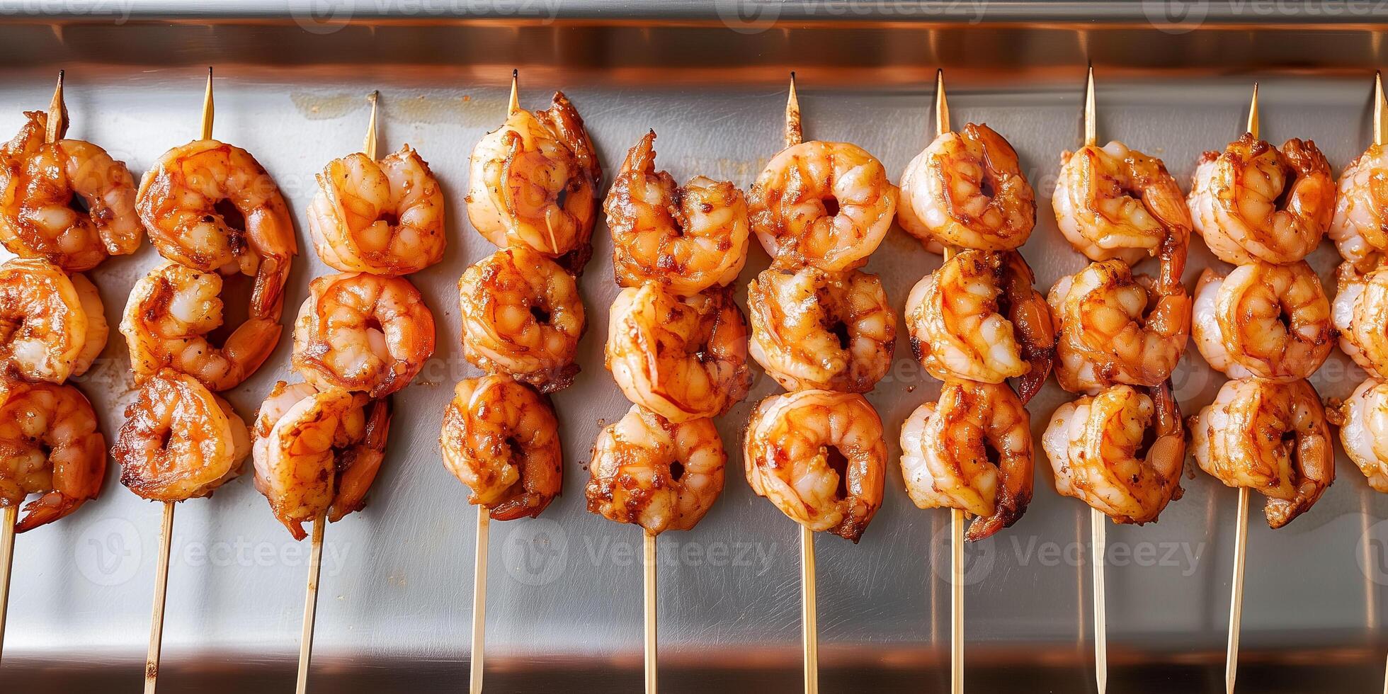 Shrimp skewers aligned on a metal tray with garnishes on the side, culinary photography photo