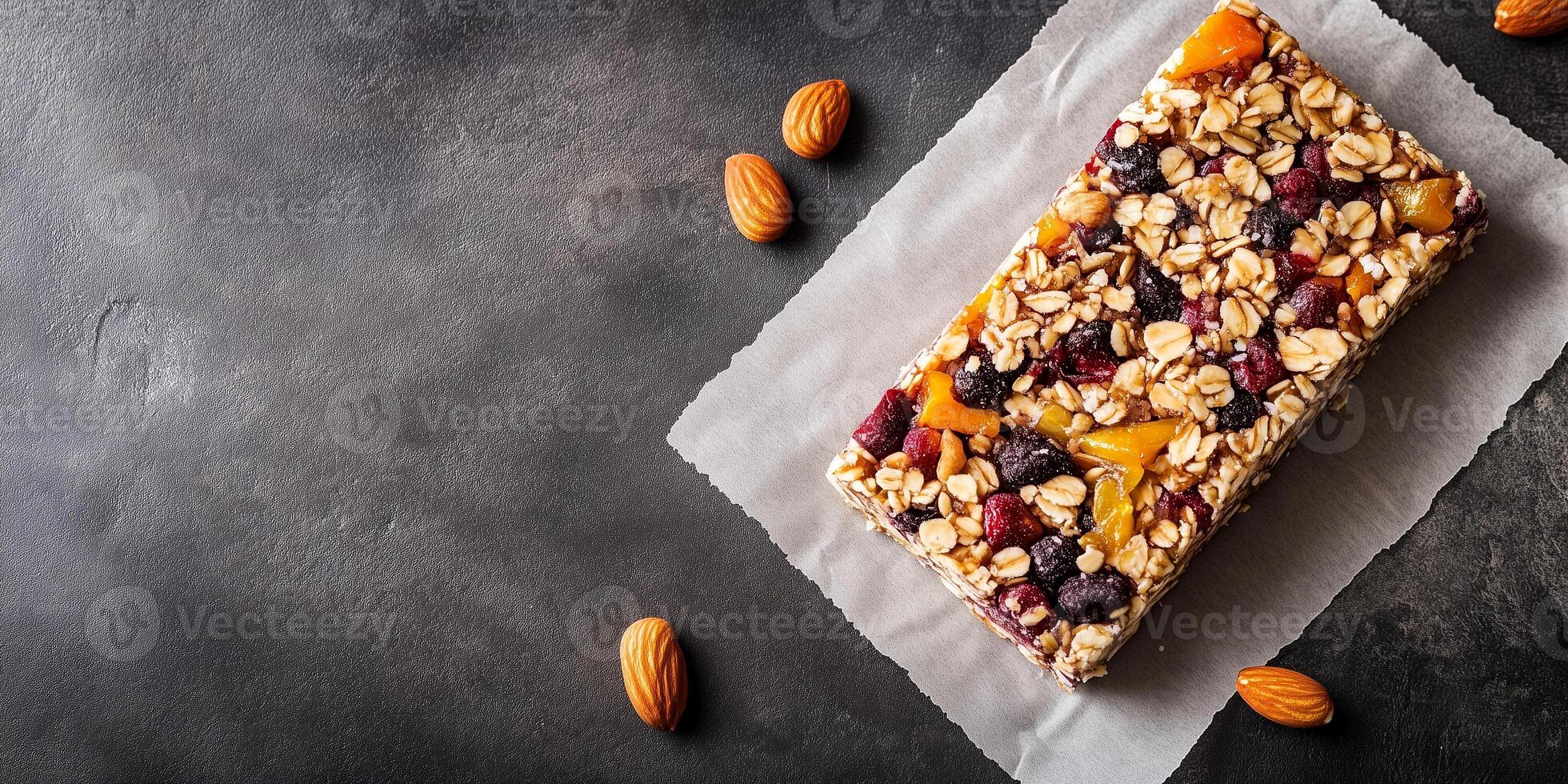 Single fruit and nut bar with visible ingredients on parchment paper, culinary photography photo