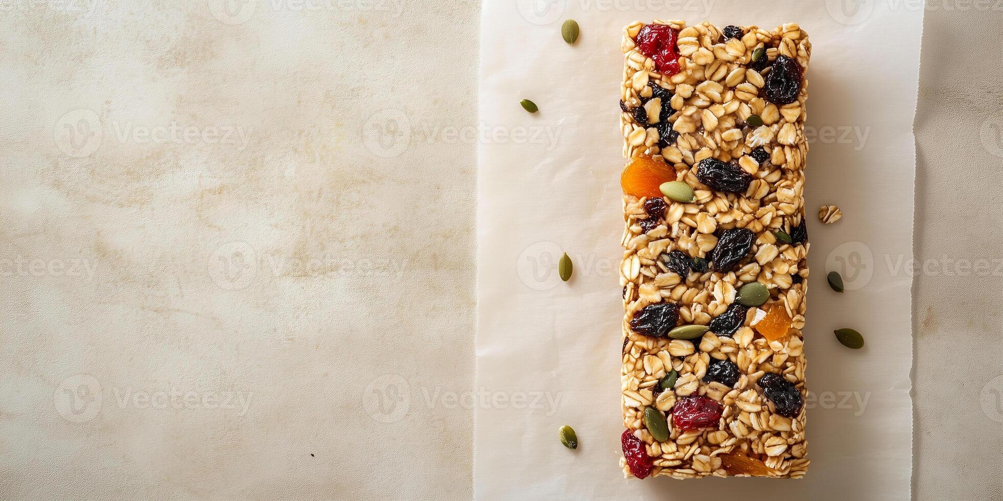 Single granola bar with oats and dried fruit on parchment paper, culinary photography photo