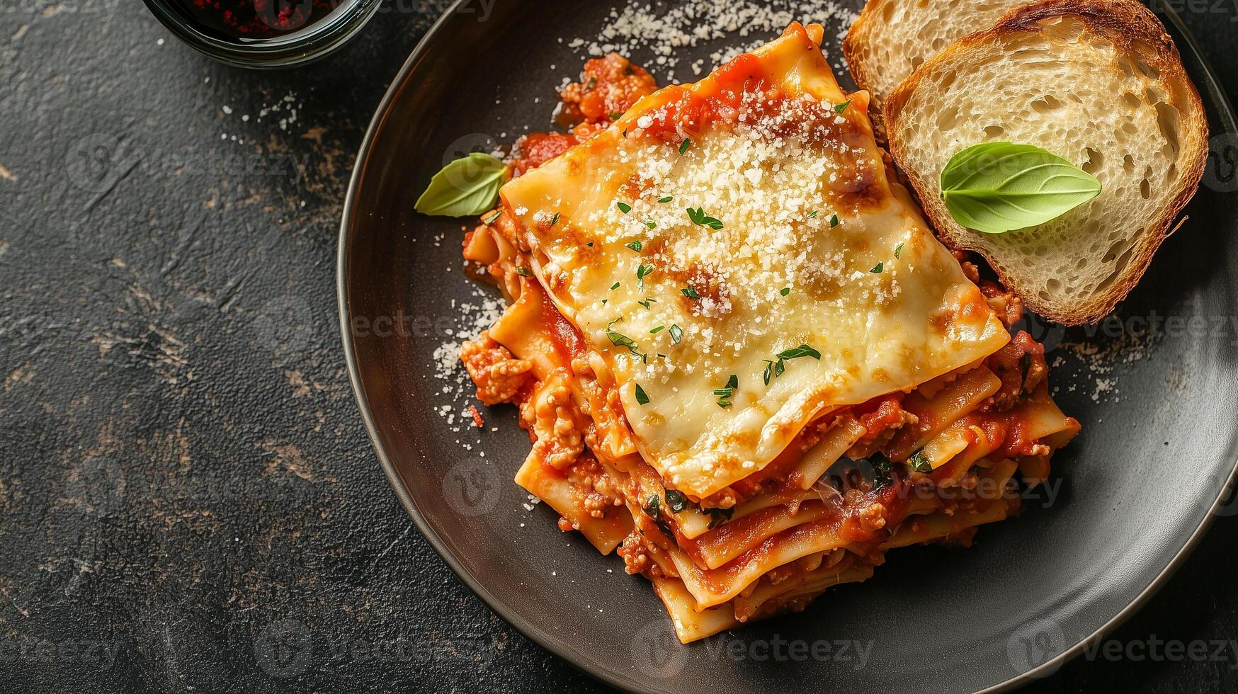 Slice of lasagna with pasta, cheese, and sauce, on a plate with a slice of bread, food photography photo