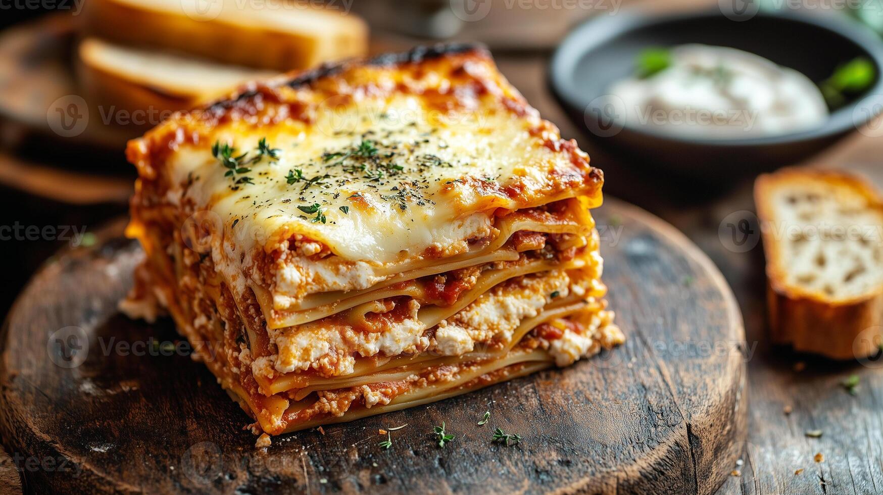 Slice of layered lasagna with pasta, cheese, and sauce, served with garlic bread, culinary photography photo