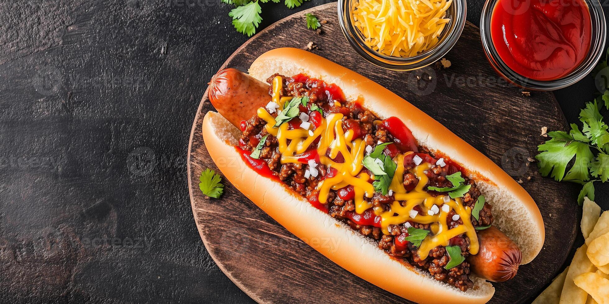 Chili dog on a soft bun with chili and cheese, served with condiments, food photography photo
