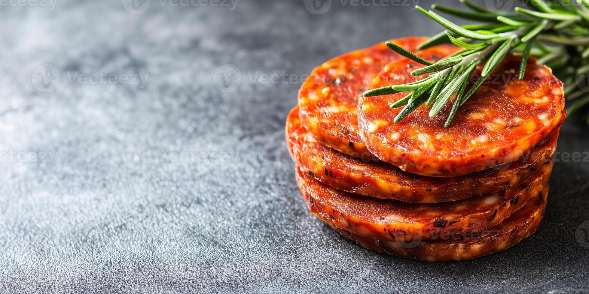 Chorizo slices stacked on top of each other next to a sprig of rosemary, food photography photo