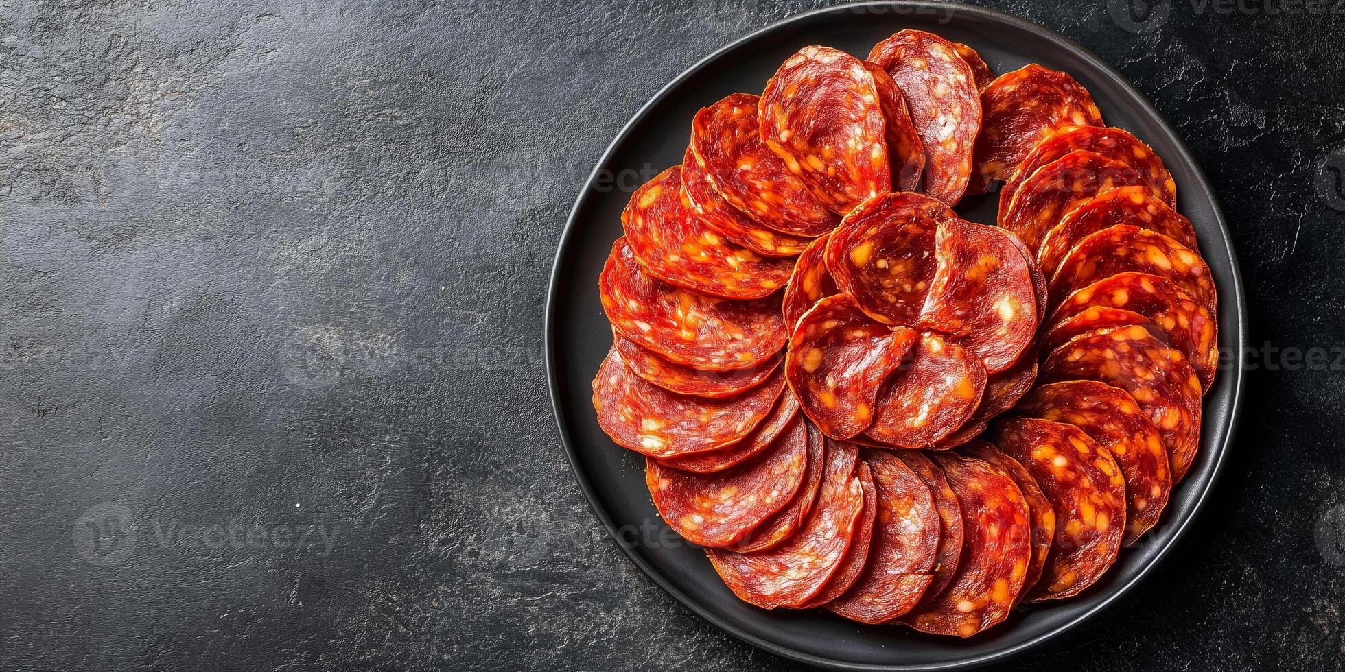 Chorizo slices arranged in a circle on a small serving plate, food photography photo
